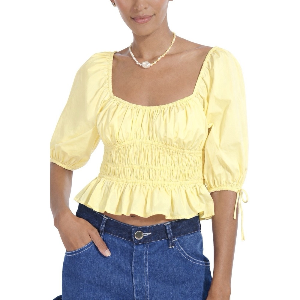 STAUD Faye‎ Smocked Puff Sleeve Top Yellow Cotton Cropped Size 6